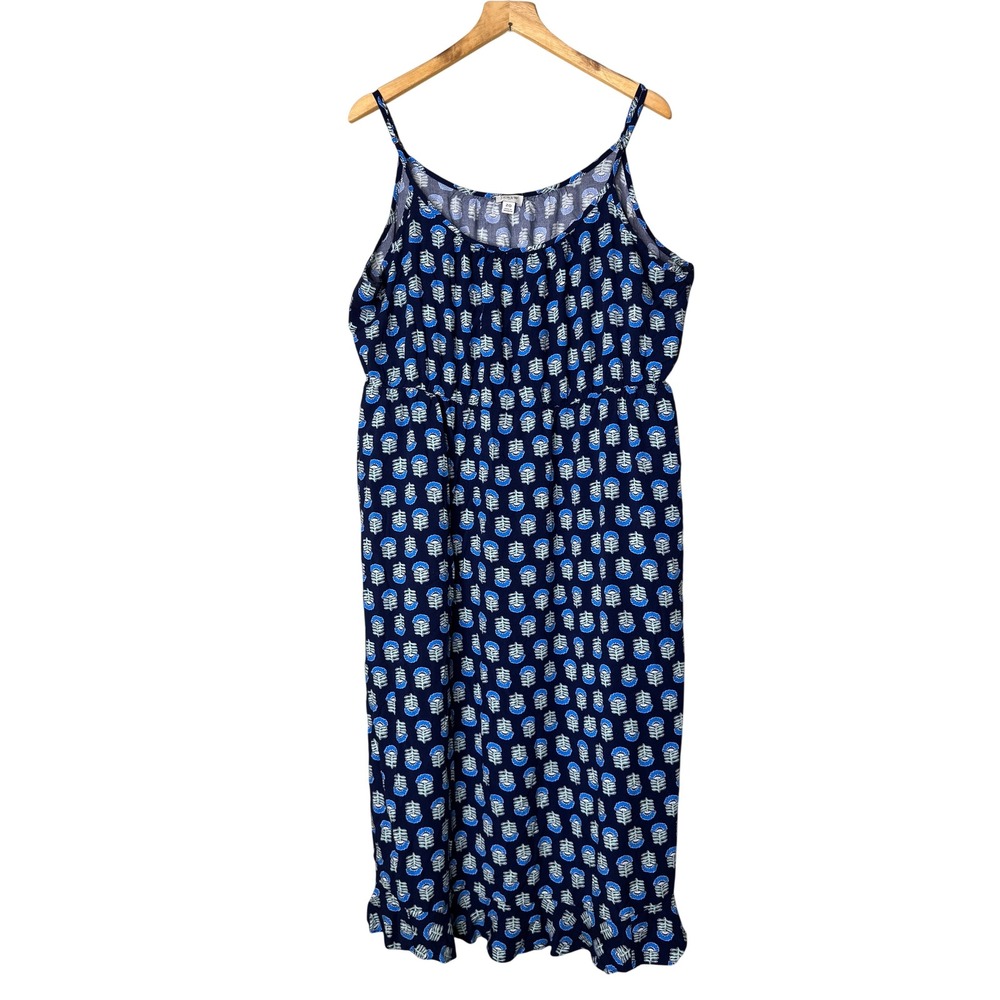 J.Crew Navy Blue Block Print Floral Midi Dress Smocked Waist Pockets Size 20